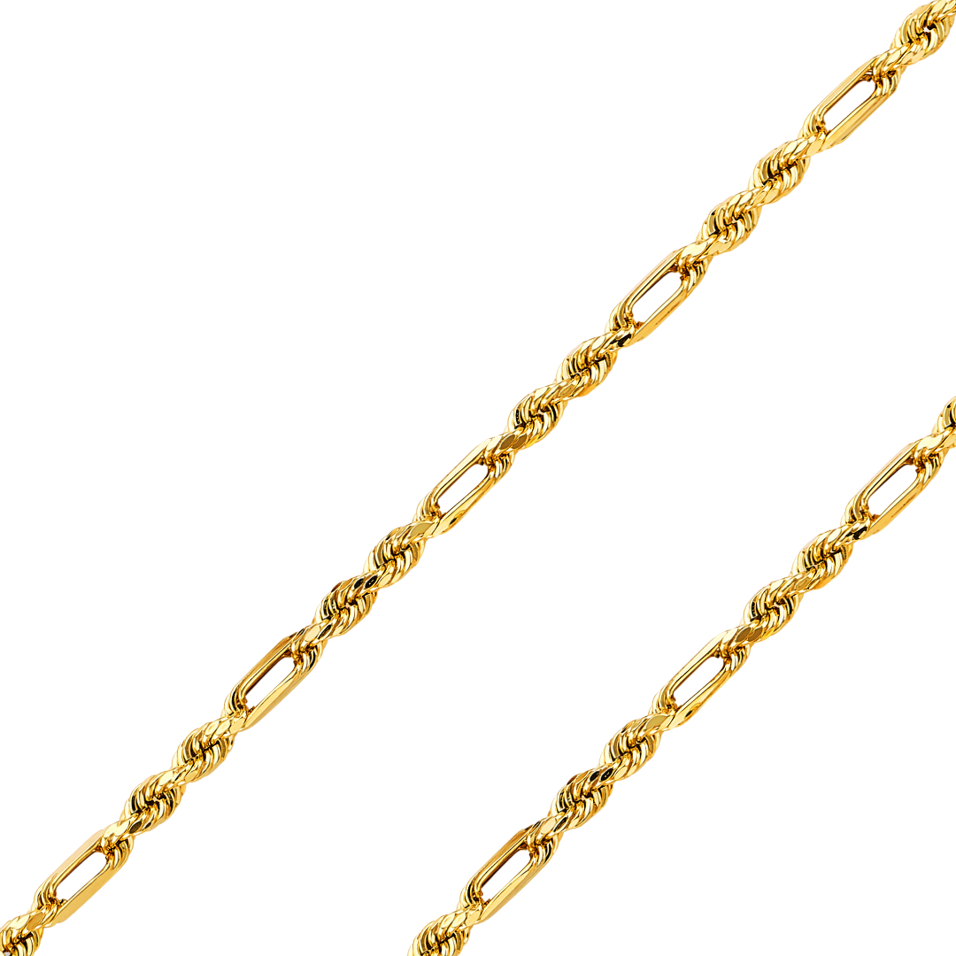 14K REAL Yellow,Tricolor Gold 2.80mm-4.70mm Hollow FigaroRope Diamond Cut Chain