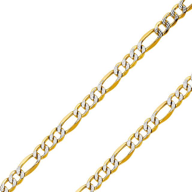 14K Two-Tone Gold Hollow 8.6 mm Bevelled Figaro 3+1 White Pavé Bracelet
