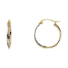 14K Two-Tone Gold Diamond-Cut Double-Line Hoop Earrings 18mm on White Background
