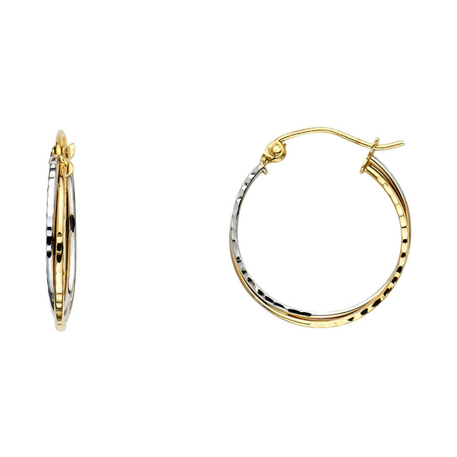 14K Two-Tone Gold Diamond-Cut Double-Line Hoop Earrings 18mm on White Background