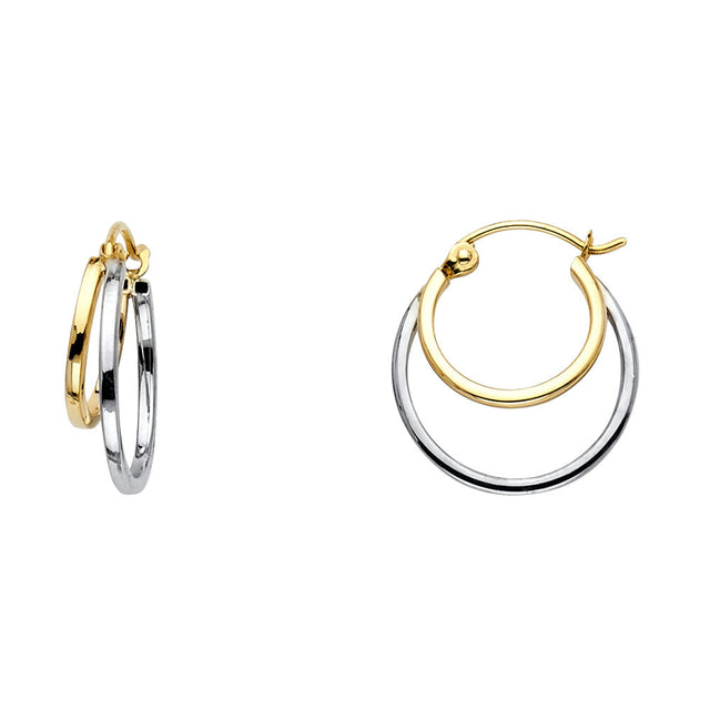 14K Two-Tone Gold Double-Line Hoop Earrings 18mm on White Background