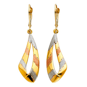 14K Tricolor Gold Twisted Ribbon Drop Earrings on white background - Italian Fashions