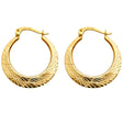 14K Yellow Gold Diamond-Cut Crescent Hoop Earrings on white background - Italian Fashions