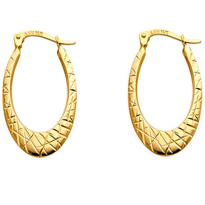 14K Yellow Gold Diamond-Cut Oval Hoop Earrings on white background - Italian Fashions
