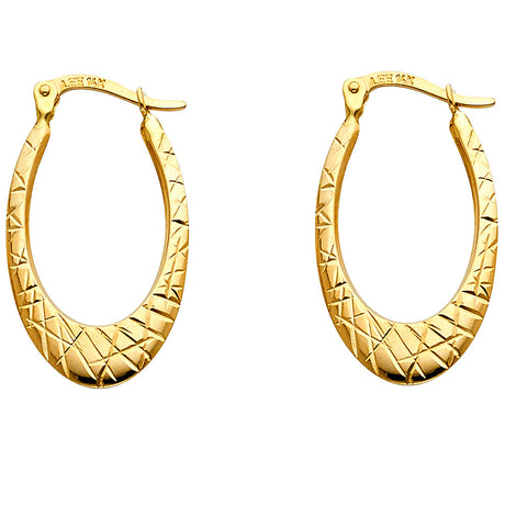 14K Yellow Gold Diamond-Cut Oval Hoop Earrings on white background - Italian Fashions