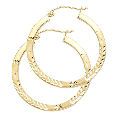 14K Yellow Gold Diamond-Cut Square Tube Hoop Earrings 30mm on White Background