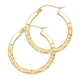 14K Yellow Gold Diamond-Cut Square Tube Hoop Earrings 25mm on White Background