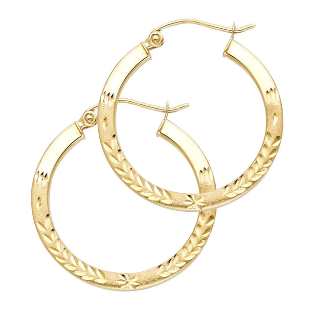 14K Yellow Gold Diamond-Cut Square Tube Hoop Earrings 25mm on White Background