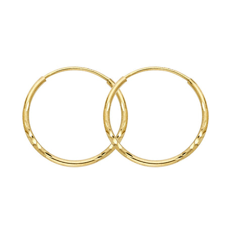 14K Yellow Gold Diamond-Cut 1.5mm Round Tube Hoop Earrings 19mm on White Background