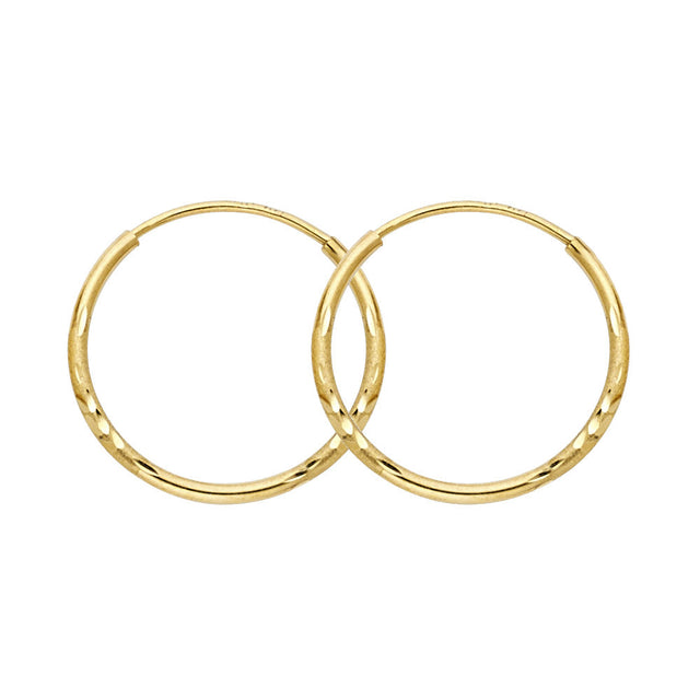 14K Yellow Gold Diamond-Cut 1.5mm Round Tube Hoop Earrings 19mm on White Background