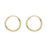 14K Yellow Gold Diamond-Cut 1.5mm Round Tube Hoop Earrings 14mm on White Background