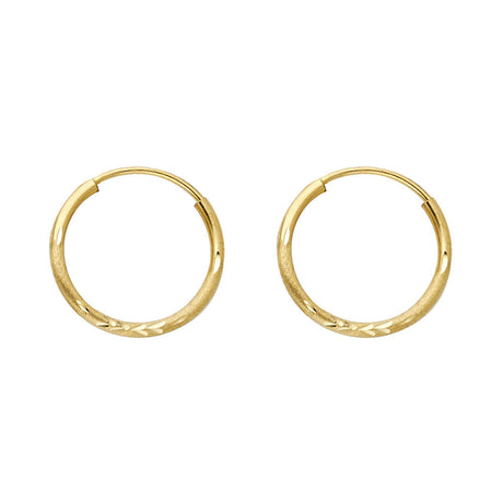 14K Yellow Gold Diamond-Cut 1.5mm Round Tube Hoop Earrings 14mm on White Background