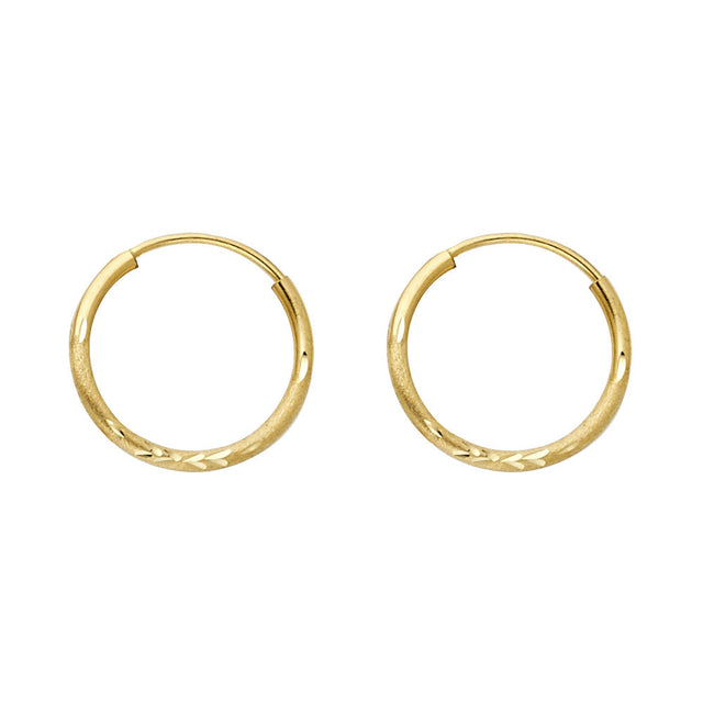 14K Yellow Gold Diamond-Cut 1.5mm Round Tube Hoop Earrings 14mm on White Background