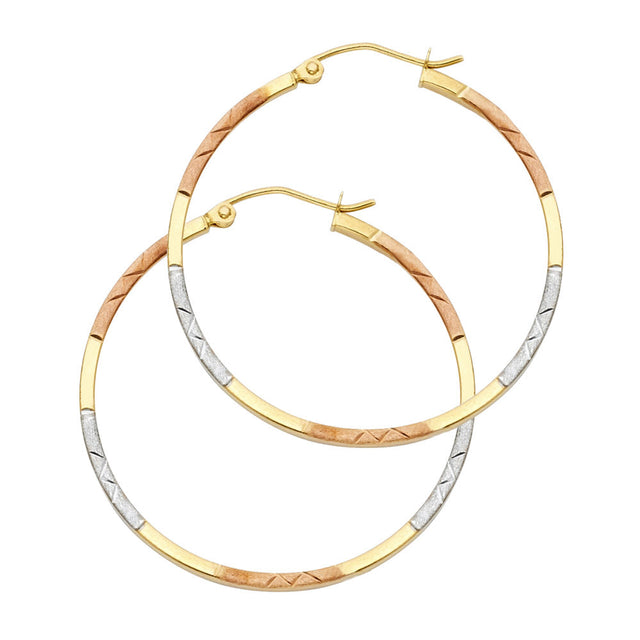14K Tricolor Gold Square Tube Hoop Earrings on white background - Italian Fashions