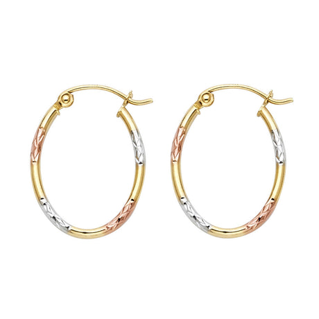 14K Tricolor Gold Round Tube Oval Hoop Earrings on white background - Italian Fashions