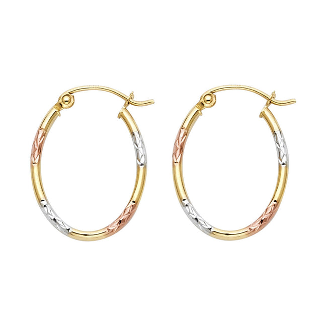 14K Tricolor Gold Round Tube Oval Hoop Earrings on white background - Italian Fashions