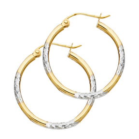 14K Two-Tone Gold Diamond-Cut Round Tube Hoop Earrings on white background - Italian Fashions