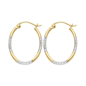 14K Two-Tone Gold Diamond-Cut Round Tube Oval Hoop Earrings on white background - Italian Fashions