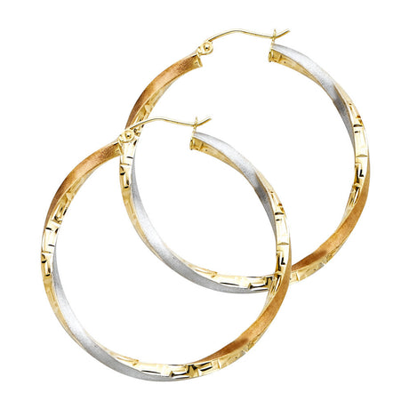 14K Tricolor Gold Swirl Hoop Earrings 40mm on White Background