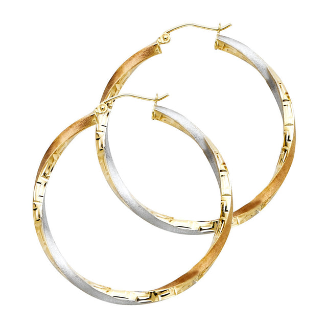 14K Tricolor Gold Swirl Hoop Earrings 40mm on White Background