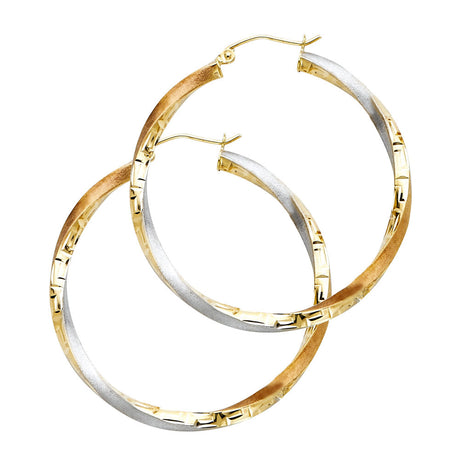 14K Tricolor Gold Swirl Hoop Earrings on white background - Italian Fashions