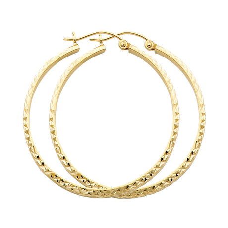 14K Yellow Gold Diamond-Cut 2.8mm Half-Round Tube Hoop Earrings 35mm on White Background