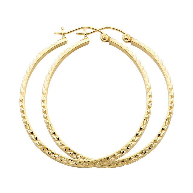 14K Yellow Gold Diamond-Cut 2.8mm Half-Round Tube Hoop Earrings 35mm on White Background