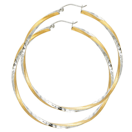 14K Two-Tone Gold Diamond-Cut 2.6mm Swirl Hoop Earrings 55mm on White Background