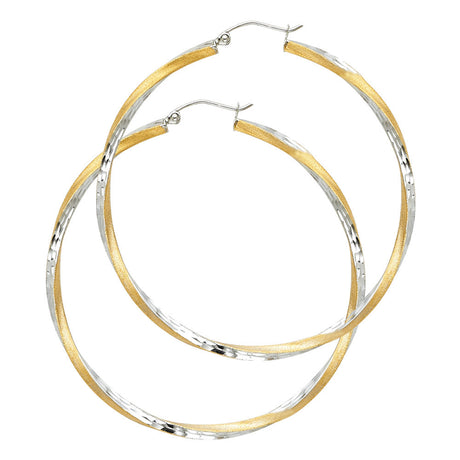14K Two-Tone Gold Diamond-Cut 2.6mm Swirl Hoop Earrings 45mm on White Background