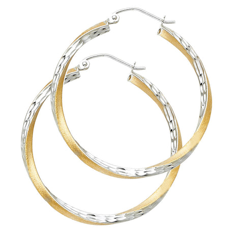 14K Two-Tone Gold Diamond-Cut 2.6mm Swirl Hoop Earrings 35mm on White Background