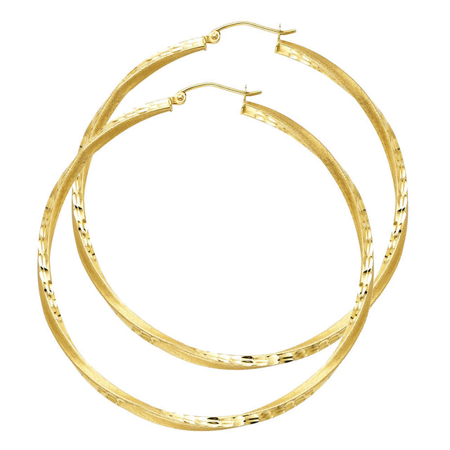 14K Yellow Gold Diamond-Cut 2.6mm Swirl Hoop Earrings 55mm on White Background