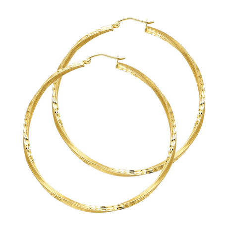 14K Yellow Gold Diamond-Cut 2.6mm Swirl Hoop Earrings 45mm on White Background