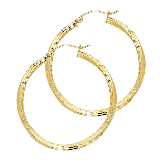 14K Yellow Gold Diamond-Cut 2.6mm Swirl Hoop Earrings 30mm on White Background
