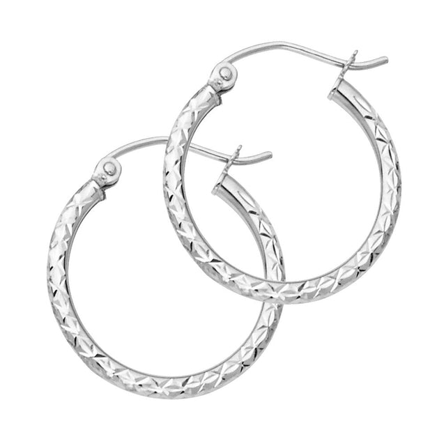 14K Gold Silk Diamond-Cut 1.5mm Round Tube Hoop Earrings on white background - Italian Fashions