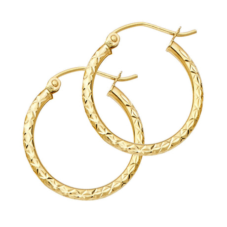 14K Gold Silk Diamond-Cut 1.5mm Round Tube Hoop Earrings on white background - Italian Fashions