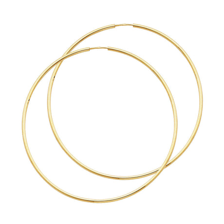 14K Yellow Gold Polished 1.5mm Round Tube Endless Hoop Earrings 55mm on White Background