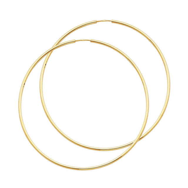 14K Yellow Gold Polished 1.5mm Round Tube Endless Hoop Earrings 55mm on White Background