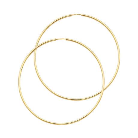14K Yellow Gold Polished 1.5mm Round Tube Endless Hoop Earrings 45mm on White Background