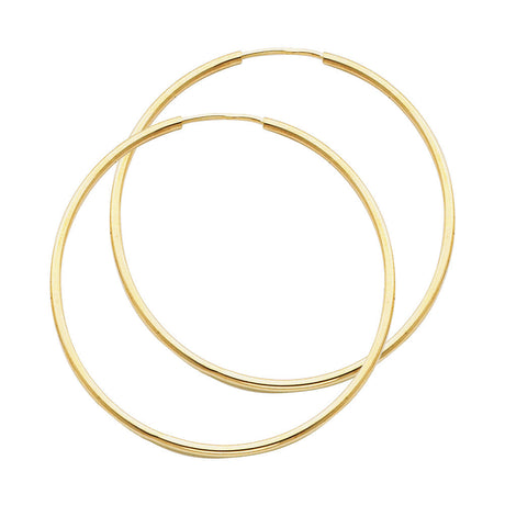 14K Yellow Gold Polished 1.5mm Round Tube Endless Hoop Earrings 35mm on White Background