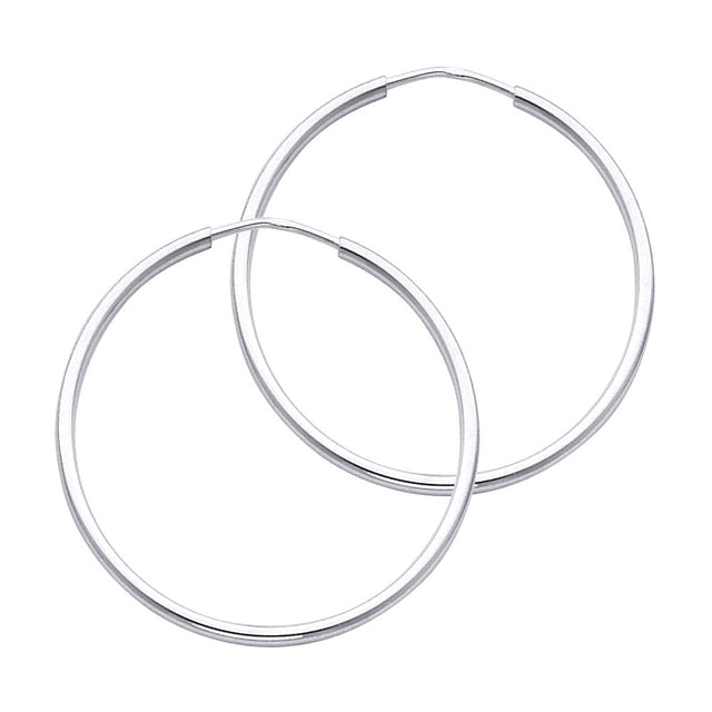 14K White Gold Polished 1.5mm Round Tube Endless Hoop Earrings 30mm on White Background