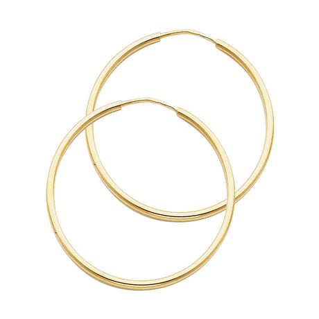 14K Yellow Gold Polished 1.5mm Round Tube Endless Hoop Earrings 30mm on White Background