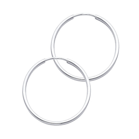 14K White Gold Polished 1.5mm Round Tube Endless Hoop Earrings 25mm on White Background