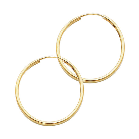 14K Yellow Gold Polished 1.5mm Round Tube Endless Hoop Earrings 25mm on White Background