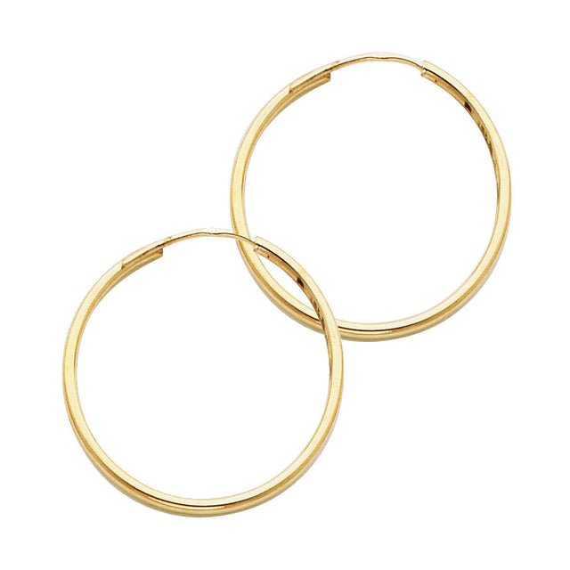 14K Yellow Gold Polished 1.5mm Round Tube Endless Hoop Earrings 25mm on White Background