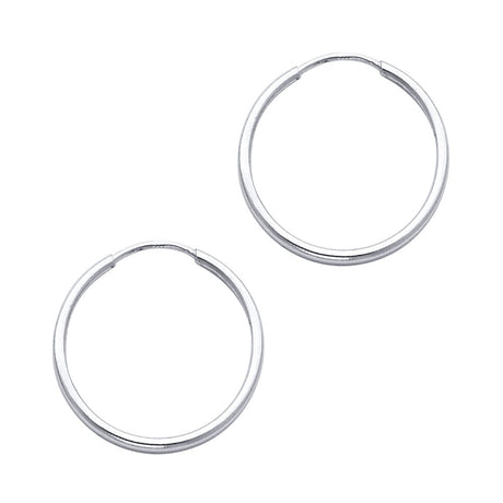 14K White Gold Polished 1.5mm Round Tube Endless Hoop Earrings 20mm on White Background
