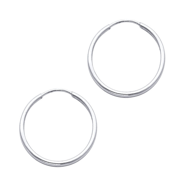 14K White Gold Polished 1.5mm Round Tube Endless Hoop Earrings 20mm on White Background