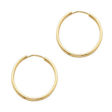 14K Yellow Gold Polished 1.5mm Round Tube Endless Hoop Earrings 20mm on White Background