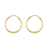 14K Yellow Gold Polished 1.5mm Round Tube Endless Hoop Earrings 17mm on White Background