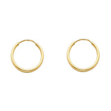 14K Yellow Gold Polished 1.5mm Round Tube Endless Hoop Earrings 15mm on White Background
