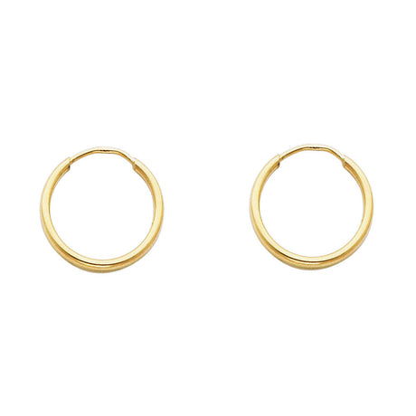 14K Yellow Gold Polished 1.5mm Round Tube Endless Hoop Earrings 15mm on White Background